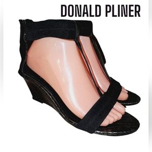 DONALD J PLINER Classic Black Elastic T Strap Wedge Back Heel Zipper Sandals 8.5